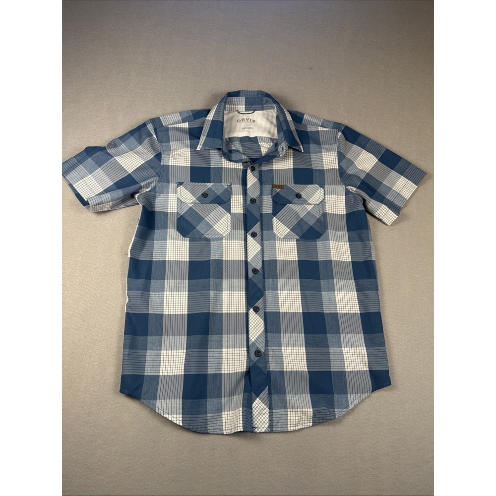 Men's Orvis Short Sleeve Vented Shirt Size M‎ Button Down Pockets Blue & White